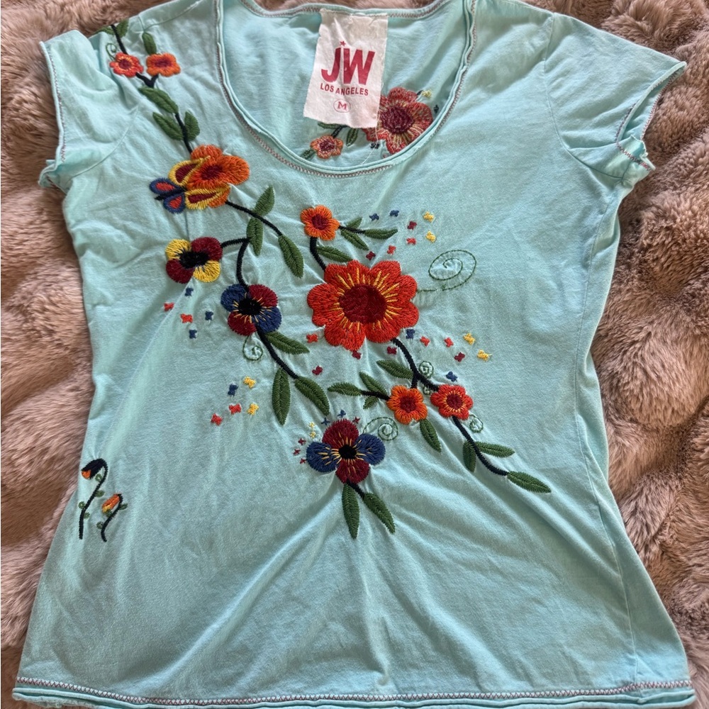 Women's Embroidered Johnny Was  Floral Top - Light Blue